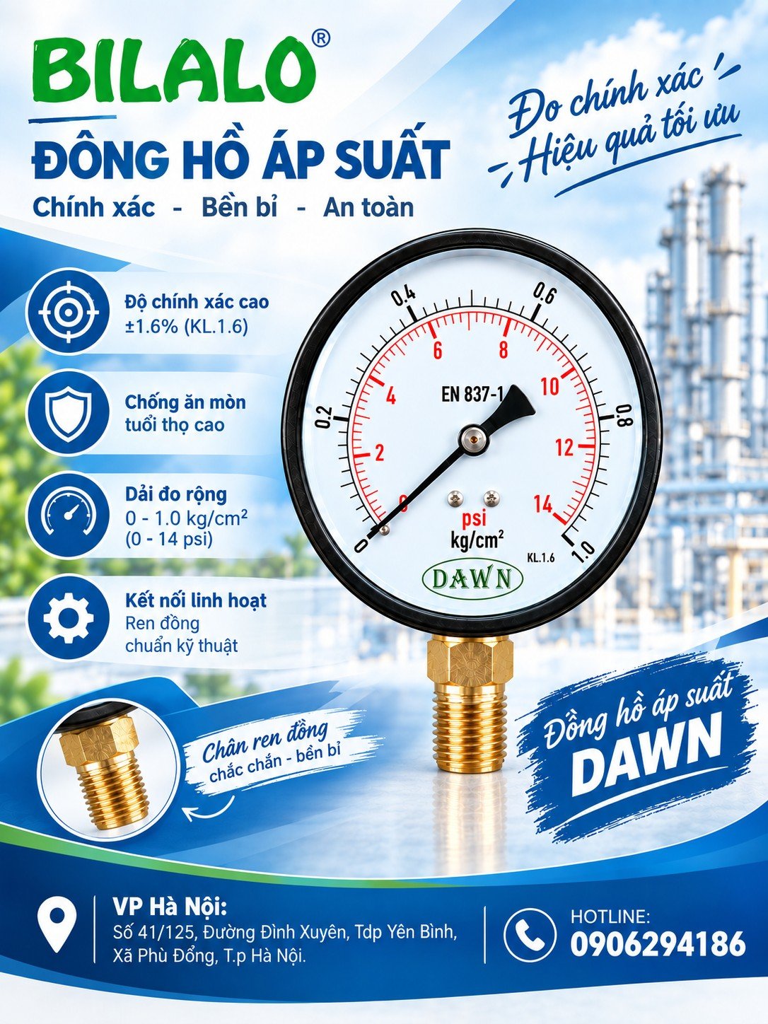Top đồng hồ đo áp suất mặt 100mm cho nhà máy và công trình